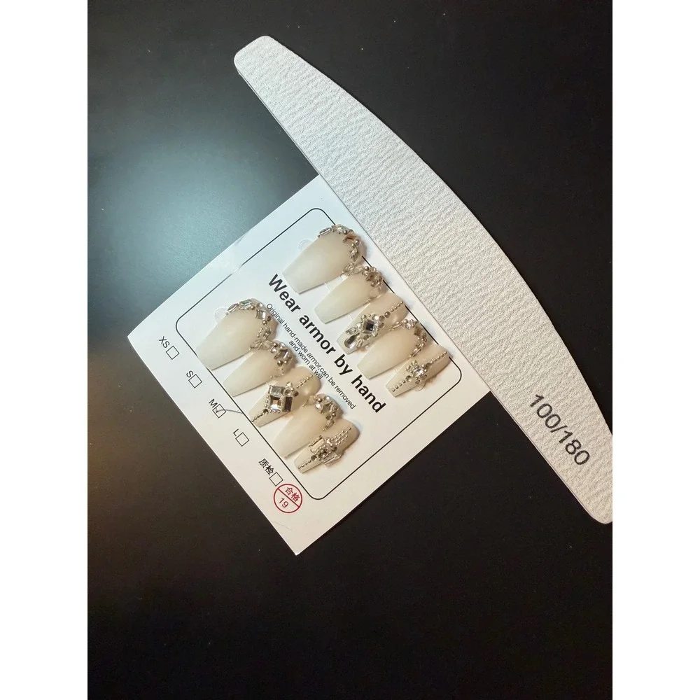 Handmade White Ombre Rhinestone Press On Nails Coffin Shape Size M Bling Glam